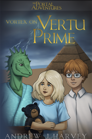Cover with Tania, Windracer, Mark and Edward in front of a pyramid