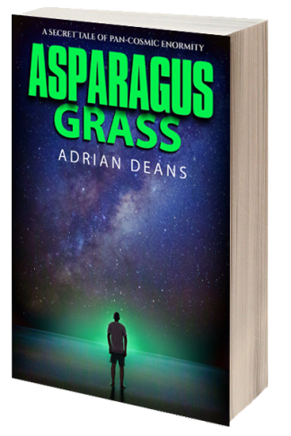Book cover- man standing before a green light and a field of stars.